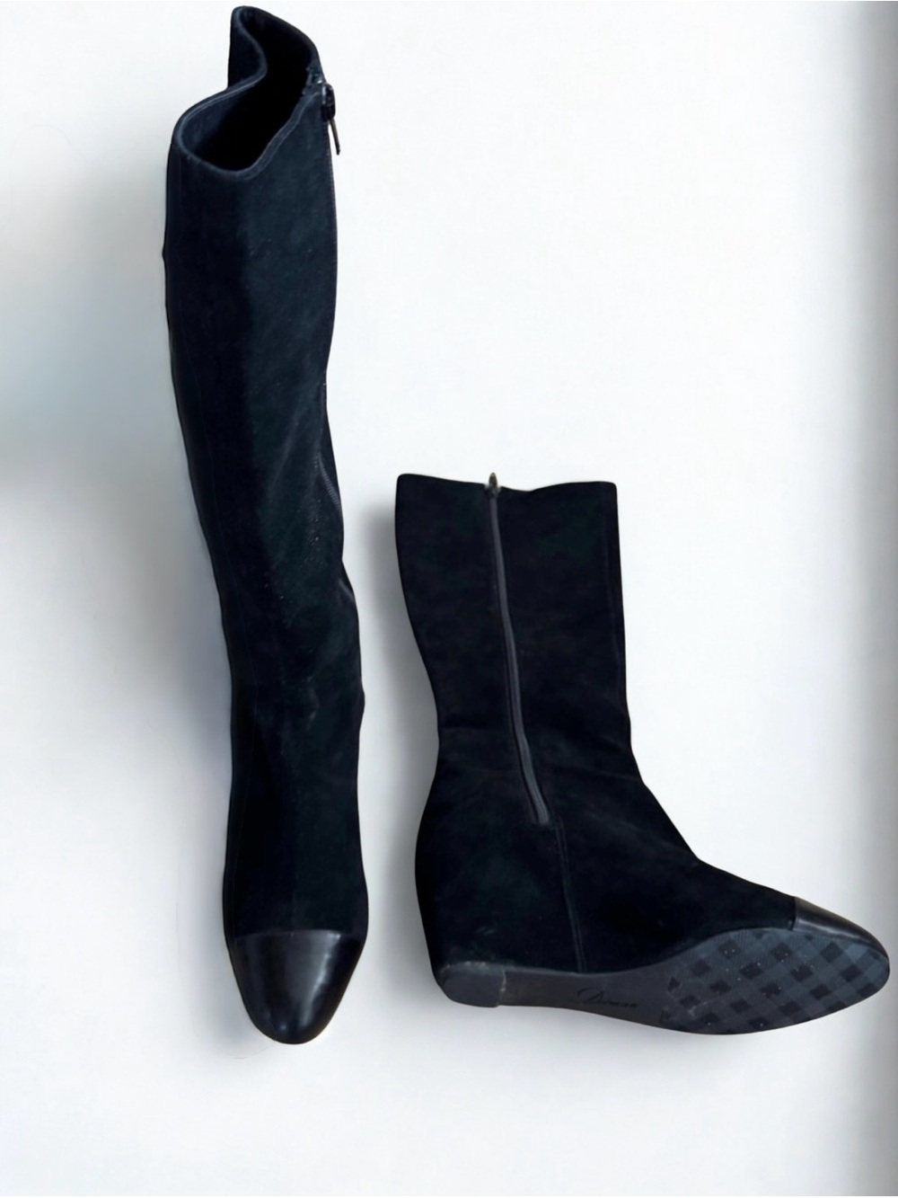 Delman Black Suede Knee-High Boots with Patent Leather Cap Toe, Size 7.5